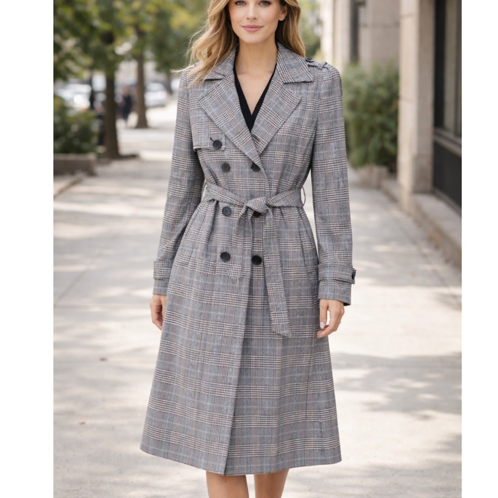 Express Black and White Plaid Belted Trench Coat NEW